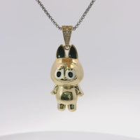 14KT Gold Charm Large 3D Enamel Black Ears LaBuBu with White CZ Stones Bell