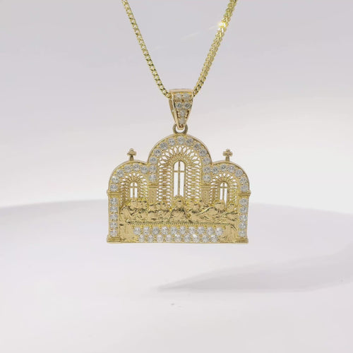 14KT Gold Charm Large Last Supper Archway Background with White CZ Stones Border and Bell