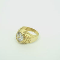 14KT Gold Ring Men's Large Oval White CZ Center Stone Plain Border Brick Style Band Design