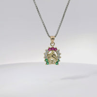 14KT Gold Charm Small Horsehead Center with Red, White, and Green CZ Stones Horseshoe Border and Plain Bell