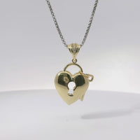 14KT Gold Charm Small Flat Back Lock and Key Puff Heart with White CZ Stones Edge and Bell