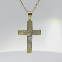 14KT Gold Charm Extra Large Two Tone Three Row White CZ Stones Crucifix Cross with Plain Bell