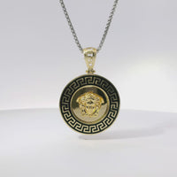 14KT Gold Charm Large Round Medusa Coin with Black Enamel Greek Border and Bell