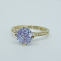 14KT Gold Ring Women's Octagon Rose Mini Four Prong Light Purple CZ Center Stone with Round White Pave CZ Stone Band