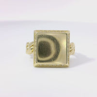 14KT Gold Ring Women's Engravable Square Center with White CZ Stones Edge and Cuban Link Band