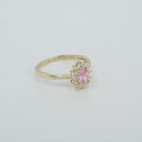 14KT Gold Ring Women's Flower Oval Pink Center Stone with White CZ Stone Petals Border Plain Band