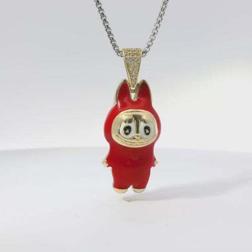 14KT Gold Charm Large 3D Red Enamel LaBuBu Body, White Enamel Eyes, and White CZ Stones Bell