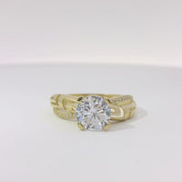 14KT Gold Ring Women's Four Prong Round Cushion Cut White CZ Stone Solitaire with White CZ Stone and Greek Twisted Band