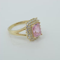 14KT Gold Ring Women's Rectangle Pink CZ Center with Round Double White CZ Stones Border and Plain Split Band