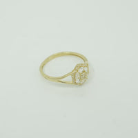 14KT Gold Ring Women's Flower Mini 6 White Oval Petals with Round White CZ Stones Center and White CZ Stone Leaf Outline Border and Plain Split Band