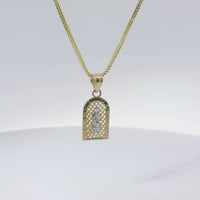 14KT Gold Charm Extra Small Two Tone Virgin Mary Stripe Lattice Square Archway and Plain Bell
