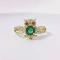 14KT Gold Ring Women's Owl Center with Green CZ Stone Belly, Red CZ Eyes, and White CZ Stone Split Band