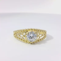 14KT Gold Ring Women's Round White CZ Stone Center Eight Prong Open Abstract Flower Sides and Plain Bead Split Band
