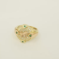 14KT Gold Ring Men's Round Two Tone Full Horse Center with White CZ Background and Border and CZ Green Stones on North, South, West, and East Border