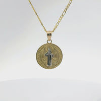 14KT Gold Charm Small Round Two Tone St Benedict Coin with Plain Bell