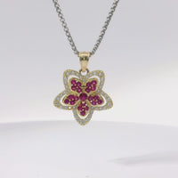 14KT Gold Charm Five Petal Dark Pink Flower with White CZ Stone Border and Plain Bell
