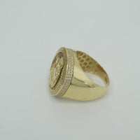 14KT Gold Ring Men's Round St Clare Greek Border Double Row White CZ Stones Outside Border Plain Band