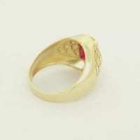 14KT Gold Ring Men's Oval Red Round CZ Stone Plain Border Side Design Brick Pattern
