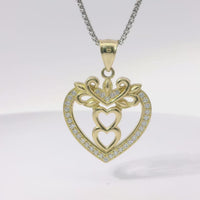 14KT Gold Charm Jumbo White CZ Stones Open Heart Outline with Two Plain Rose Gold Open Heart Center and Plain Bell