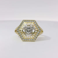14KT Gold Ring Women's Two Tone Hexagon Medusa Head Greek Border Coin with White CZ Stone Background and Plain Band