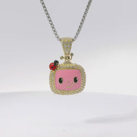 14KT Gold Charm Medium 3D Enamel CoCo Melon Face Flat Back with White CZ Stones Border and Bell