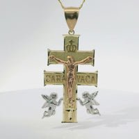 14KT Gold Charm Extra Large Tri Tone Caravaca Crucifix Cross with Plain Bell