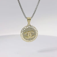 14KT Gold Charm Medium CC Coin with White CZ Stones Center and Open Greek Borders with Plain Bell