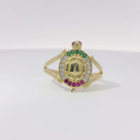 14KT Gold Ring Women's Mini White/Green/Red Mexico Flag CZ Stone Turtle Shell with Red CZ Eyes Plain Border and Plain Split Band
