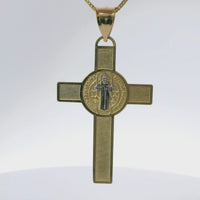 14KT Gold Charm Large Two Tone St Benedict Coin Center Cross with Plain Bell