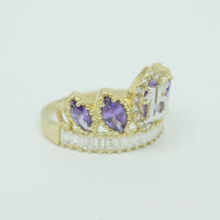 14KT Gold Ring Women's "15" Quinceanera Crown Purple CZ Stones with White Baguette CZ Stones Band