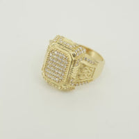 14KT Gold Ring Men's Rectangle Double Platform Seven Rows of Five White CZ Stone Cluster Center with Triple Row of Seven White CZ Stones on Edges Seven White CZ Stones Corners and Infinity Loop Knot on Sides