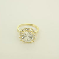 14KT Gold Ring Women's Square Jumbo White Center CZ Stone with Round White CZ Stones Border and Plain Band