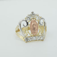 14KT Gold Ring Women's Oval Virgin Mary Tri Tone CZ White Stone Tiara with Plain Split Band
