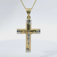 14KT Gold Charm Large Two Tone Crucifix Cross with White Gold Two Stripe Ends and Plain Bell
