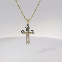 14KT Gold Charm Small White CZ Stones Cross Center with Open White Gold Shadow and Plain Bell