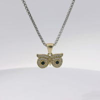 14KT Gold Charm Medium White CZ Stone Owl Eyes Outline with Black CZ Stone Eyes and Plain Bell