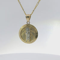 14KT Gold Charm Medium Two Tone St Jude Coin with "PRAY FOR US" Border and Plain Bell