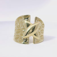 14KT Gold Ring Women's Abstract Raised Puff "X" Split Band Leaf Cutout Lattice Band