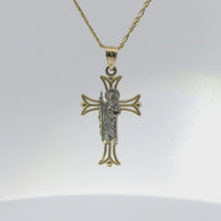 14KT Gold Charm Small Open Flare End Cross with Two Tone St Jude Center and Plain Bell