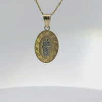 14KT Gold Charm Small Oval Two Tone St Jude Coin with Greek Border and Plain Bell