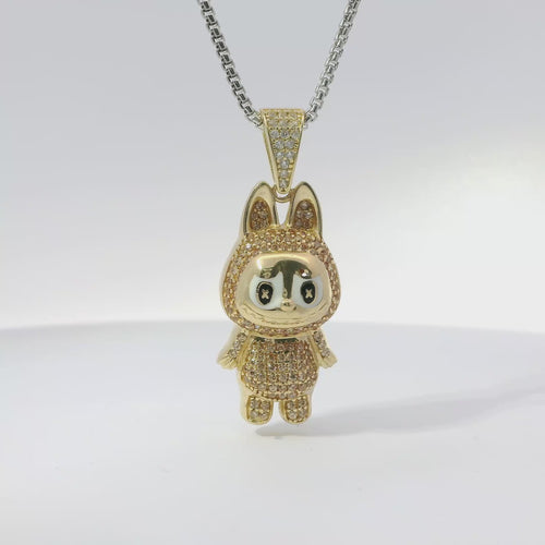 14KT Gold Charm Medium 3D Brown CZ Stones LaBuBu Body, White Enamel Eyes, and White CZ Stones Bell
