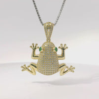 14KT Gold Charm Large 3D Frog with Green CZ Stones Eyes and Flat Back White CZ Stones Body and Bell