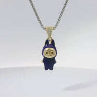 14KT Gold Charm Small 3D Navy Blue Enamel LaBuBu Body and White CZ Stones Bell