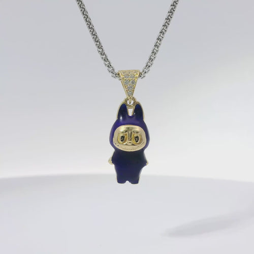 14KT Gold Charm Small 3D Navy Blue Enamel LaBuBu Body and White CZ Stones Bell