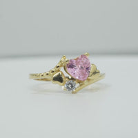 14KT Gold Ring Women's Pink Heart Shape Center CZ Stone Left White Round CZ Stone with Two Plain Hearts and Plain Bypass Band Upper - Rope Lower Band Plain