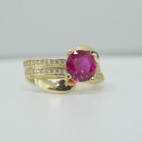 14KT Gold Ring Women's Round Dark Pink CZ Center Stone Double White CZ Stone Band with Plain "S" Ribbon