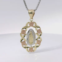 14KT Gold Charm Large Tri Tone Virgin Mary Center with Diamond Cut and Rose Border and Plain Bell