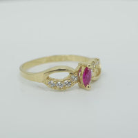 14KT Gold Ring Women's Marquise Mini Red Center CZ Split Wavy Plain White CZ Band