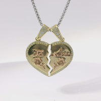 14KT Gold Charm Medium Two Tone "Te Amo" Broken Heart with Flower Center with White CZ Stone Outline and Two White CZ Stone Bells