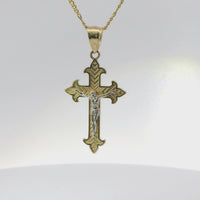 14KT Gold Charm Medium Two Tone Stripe Center Dagger Flare Ends Crucifix Cross with Plain Bell